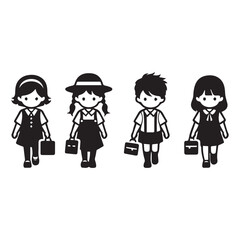 Black Silhouettee Children Walking to School | Happy Kids in School Uniforms | Cute Boys and Girls with Backpacks and Books | Black and White Illustration | Ideal for Educational and Back-to-School