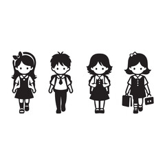 Black Silhouettee Children Walking to School | Happy Kids in School Uniforms | Cute Boys and Girls with Backpacks and Books | Black and White Illustration | Ideal for Educational and Back-to-School