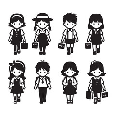 Black Silhouettee Children Walking to School | Happy Kids in School Uniforms | Cute Boys and Girls with Backpacks and Books | Black and White Illustration | Ideal for Educational and Back-to-School