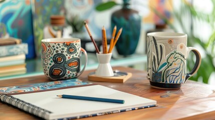 Artistic work desk with a unique coffee mug, sketchbook, pencil, and pen, perfect for inspiring creativity and imagination