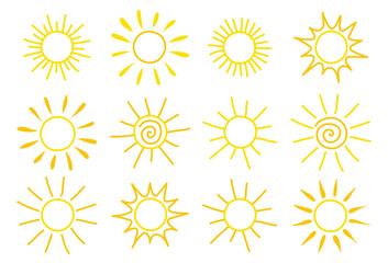 Cute hand drawn sun icon set. Vector illustration