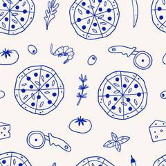 Cotton fabric Italian pizza seamless pattern. Pizza ingredients background. 