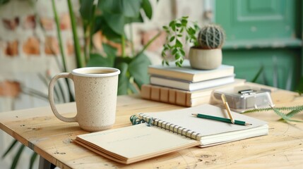 Eco-conscious work desk with a sustainable coffee mug, recycled notebook, pencil, and pen, reflecting an environmentally friendly workspace