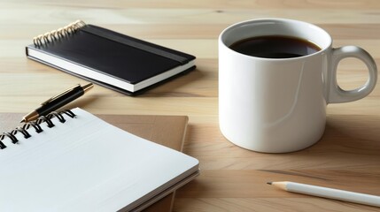 Elegant coffee mug, sleek notebook, pencil, and pen on a polished wooden desk, emphasizing productivity and style