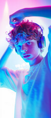 Obraz premium Fashion pretty boy with headphones listening to music. Professional photo. Studio shot of teenage boy dancing with headphones. 