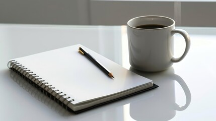 Modern minimalist desk with a sleek coffee mug, clean notebook, pencil, and pen, highlighting simplicity and productivity
