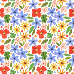 Seamless gouache pattern with wild yellow, blue and red flowers. Hand-drawn.