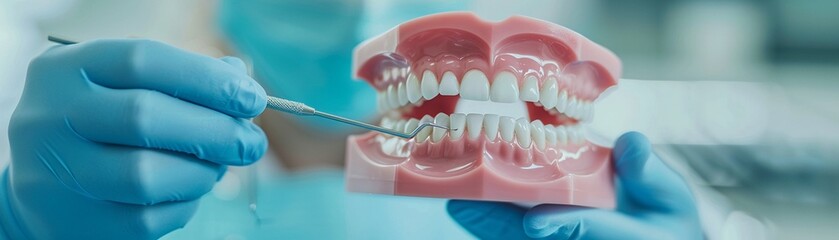 Obraz premium Dentist in a sleek clinic demonstrating flossing techniques to a patient, using a dental model and floss, welllit environment, high clarity
