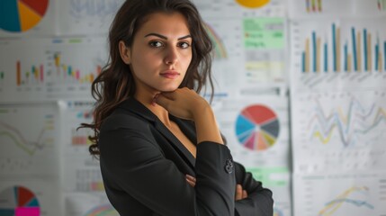 A businesswoman standing in front of a whiteboard, deep in thought as she plans a business strategy