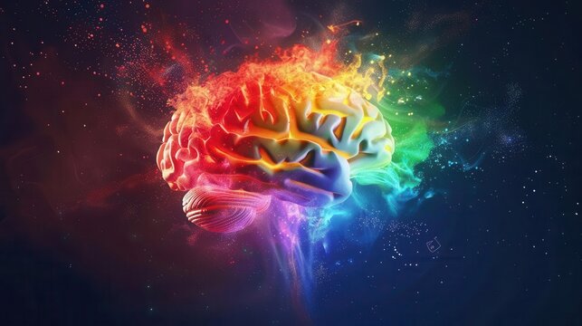 exploding rainbow human brain cognitive overload and creative inspiration concept illustration