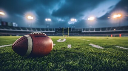 A football resting on the field under bright stadium lights