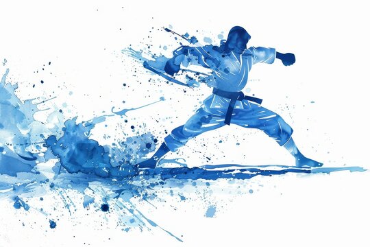 Artistic blue watercolor depiction of a karate athlete performing kata at the Paris 2024 Olympics, capturing the discipline and technique of the sport, Generative AI