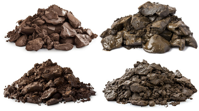 side view on set of rocks covered in mud in isolated on white background