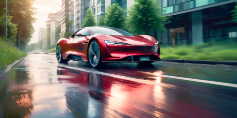 Fototapeta premium 3D sports electric car rides, blurred in motion