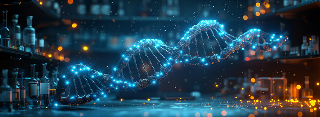 Fototapeta premium Illustration of a biology laboratory, illuminated by a blue light, in the middle a 3d human dna design. 