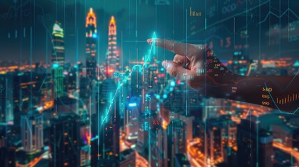 A hand reaches out to touch a holographic upward arrow projected above a cityscape, the arrow's trajectory aligned with a skyscraper's peak