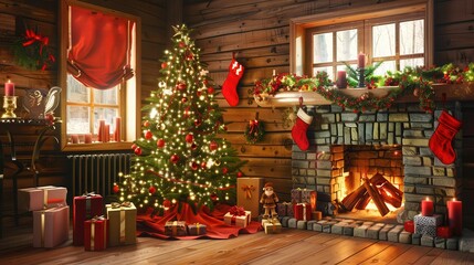 festive christmas scene with decorated tree fireplace and gifts cozy holiday interior