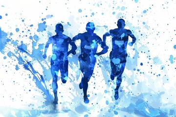 Dynamic blue watercolor illustration of runners in action at the Paris 2024 Olympics, highlighting speed, endurance, and competitive spirit, Generative AI