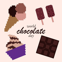 Happy world chocolate day. Pixel chocolate icons. Collection of pixel elements for prints, cards, posters, banners, product decoration.