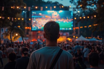 A man watches a sporting event on a large screen at night. A crowd of people surrounds him, watching the game.