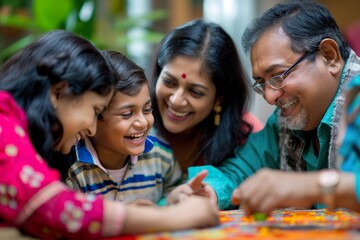 Fototapeta premium A close-up shot of an Indian family playing a game together at home. They are all laughing and smiling, enjoying each others company.