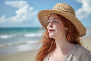 A young woman with red hair and a straw hat looks out to sea on a sunny beach.