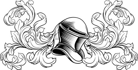 Coat of arms crest knight family medieval shield heraldry heraldic armorial motif. Featuring a knights helm helmet in a vintage etching engraving woodcut style