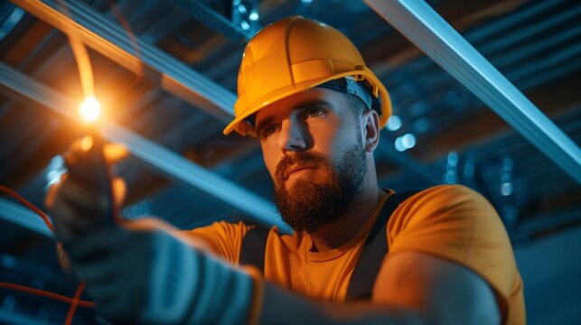 Realistic electrician securing electrical wires in a junction box, using a screwdriver and wire nuts, bright environment, detailed clarity