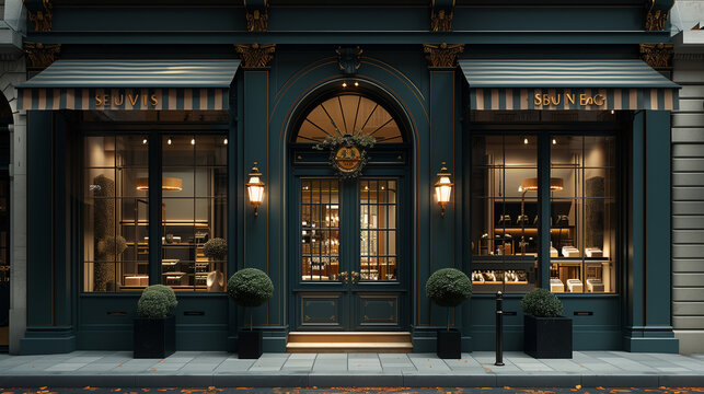 vintage french boutique facade , chic luxury store vitrine