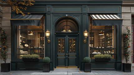 Cozy cafe facade with greenery, restaurant exterior, illustration