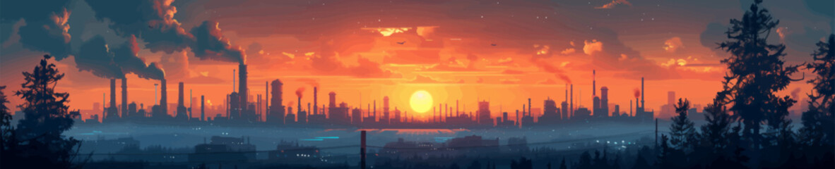 Fototapeta premium Panoramic view of an industrial city skyline with smokestacks and factories silhouetted against a vibrant sunset, framed by trees. Generative ai vector illustration. Pop art comic book style imitation