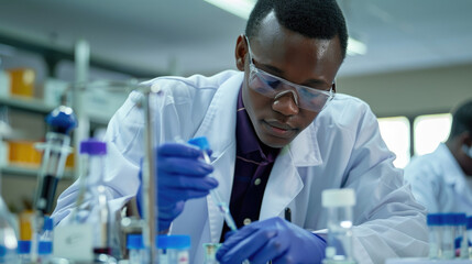 A scientist in a lab coat and safety glasses is focused on conducting an experiment, using a pipette to transfer a liquid, with various lab equipment around.