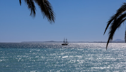 Nice on the Cote d'azur overlooking the sea with a replica of a pirate ship