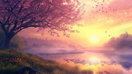 Fototapeta premium Cool Spring morning with misty sunrise