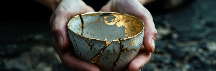 kintsugi technique. A pair of hands gently holding a broken ceramic mug patched with gold. banner