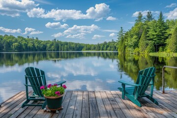 Beautiful lake view with calm water and trees, wooden dock, green chairs on the deck, blue sky, reflection in the water, summer day Generative AI