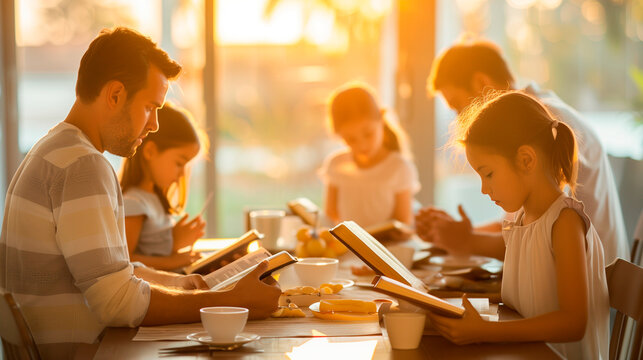 a  of a family praying at the dinner table with Bibles open, light streaming through the window, Backgrounds, People, Praying, Heaven, Religion, Bible, with copy spac