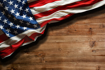 Representation American flag on wooden table for national independence day 4 July 2024, with copy space banner design and poster design, Freedom, Brave, Independence Day, USA independence day 