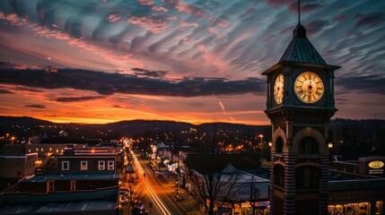 Large public clock tower at dusk with city lights starting to twinkle