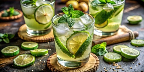 Refreshing mojito cocktails with lime and mint.