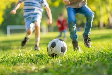 Obraz premium Children Playing Soccer on a Green Field