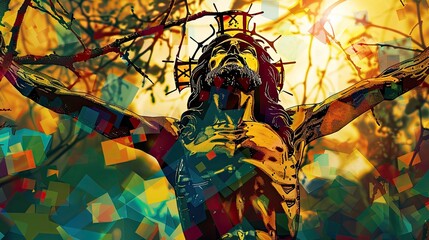 Fototapeta premium Jesus Christ. Statue of Jesus, glowing cross in the background Digital painting.