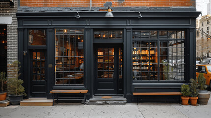 A classic fa&ccedil;ade of a traditional English-style fashion boutique store.