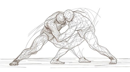 Fototapeta premium Continuous Line of Wrestlers Grappling in Dynamic Movement