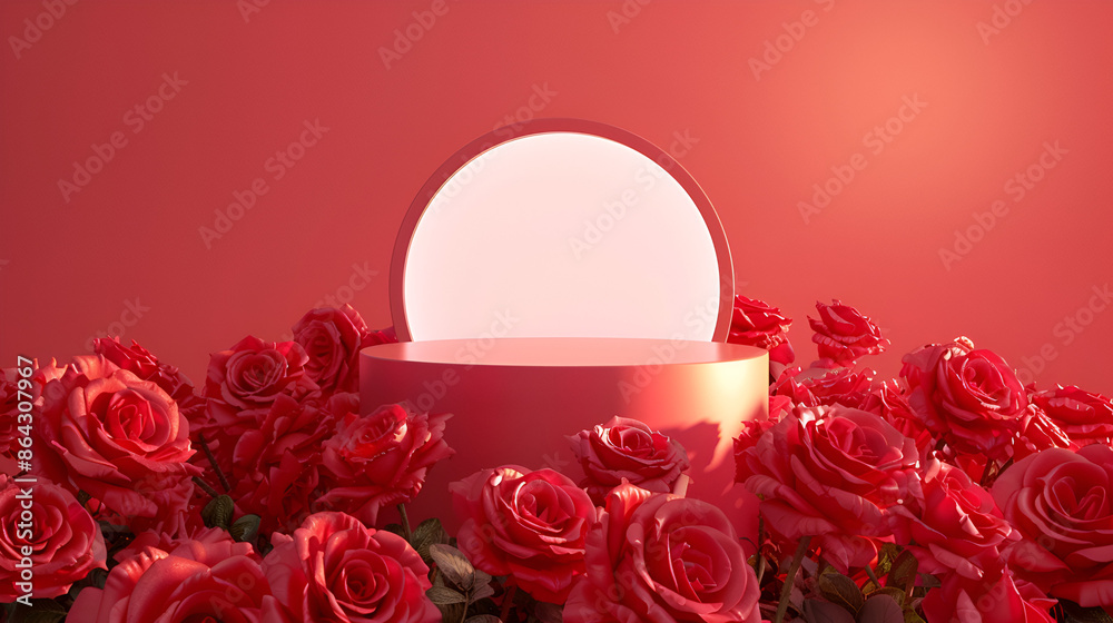 Wall mural podium surrounded by roses with empty frame