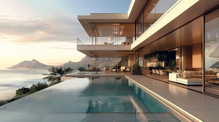 Fototapeta premium Modern luxury home with infinity pool overlooking a scenic ocean view. Contemporary architectural design, perfect for high-end real estate promotions or travel inspirations. AI