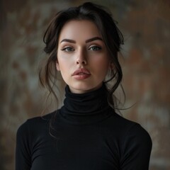 Elegant Woman. Black Turtleneck Beauty Calm and Care in Artistic Setting