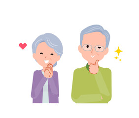 老人シニア夫婦男女。嬉しい時のリアクション。