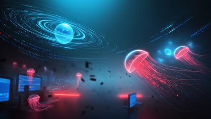 Obraz premium Cyber ​​combat in cyberspace near the edge of the real world.