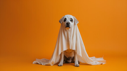 A dog is wearing a white sheet and looking at the camera